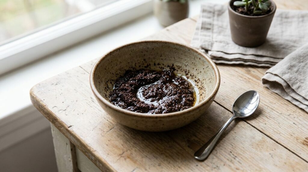 A bowl containing a mixture of coffee grounds and baby oil ready to be applied as a face mask with a small spoon next to