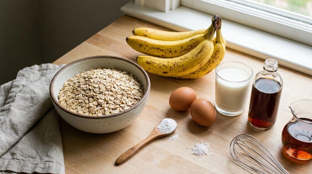 All the ingredients for banana oat pancakes laid out on a kitchen counter rolled oats ripe bananas eggs milk baking powd