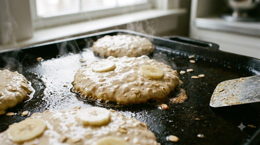 Banana oat pancakes cooking on a hot griddle with bubbles forming on the surface ready to be flipped