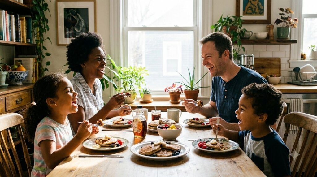 A happy family including parents and children gathered around a breakfast table smiling and enjoying plates of banana oa