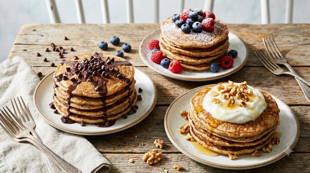 A variety of banana oat pancakes with different toppings such as chocolate chips fresh berries nuts and a swirl of Greek