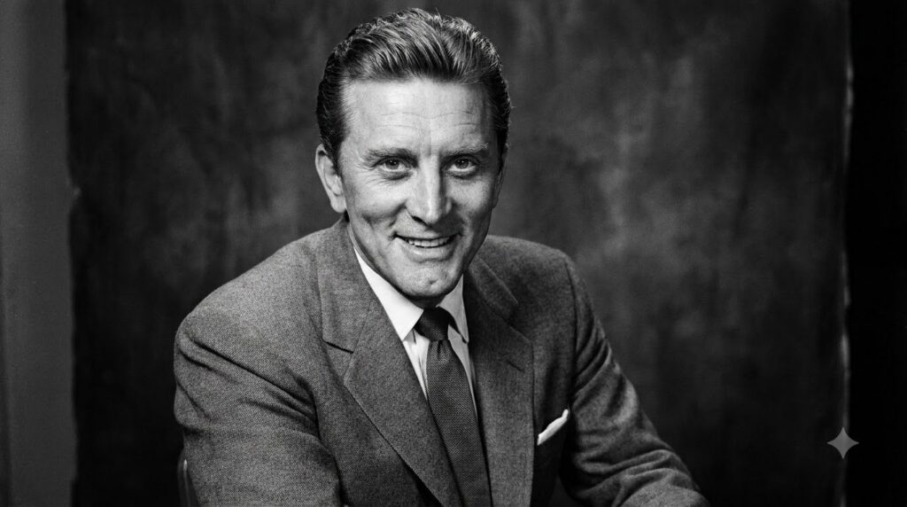 A real publicity photo of Kirk Douglas from the 1950s showing his intense gaze and signature smile