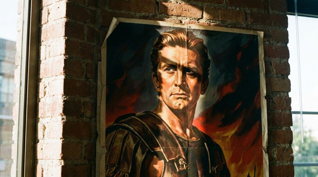 A real movie poster for Spartacus featuring Kirk Douglas
