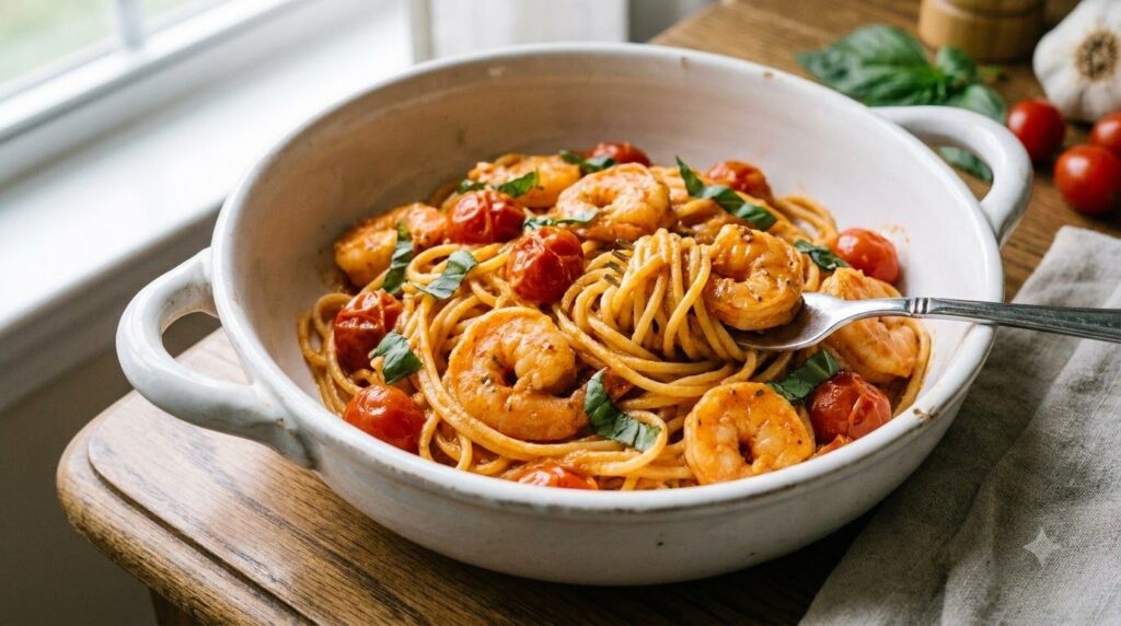 A close-up of creamy tomato shrimp spaghetti in a serving bowl with fresh basil leaves on top ready to be eaten