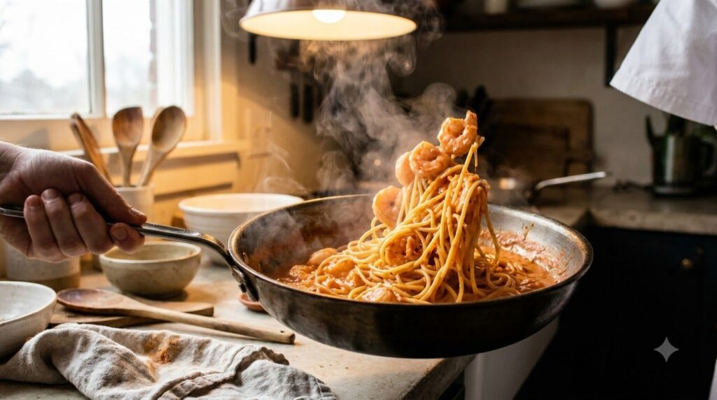 Cooked spaghetti being tossed in a large skillet with creamy tomato sauce and pink shrimp