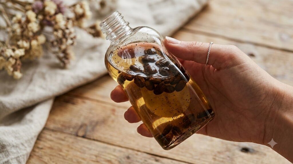 Close-up shot of a hand gently shaking a small glass bottle filled with Johnson s Baby Oil infused with coffee beans sho