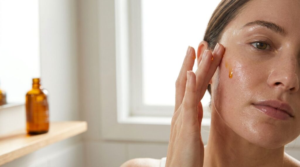 A woman s hand gently massaging a few drops of infused baby oil onto her clean damp face illustrating the application pr