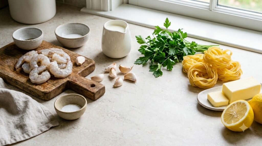 A flat lay of fresh ingredients for creamy garlic shrimp pasta raw shrimp garlic cloves heavy cream fresh parsley uncook