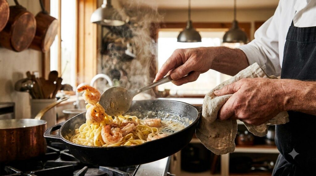 A chef s hands are tossing cooked shrimp and pasta in a creamy garlic sauce within a large skillet