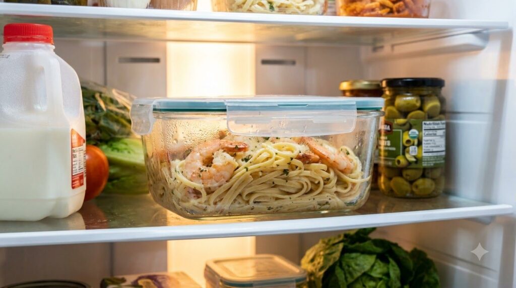Leftover creamy garlic shrimp pasta stored in an airtight container in a refrigerator