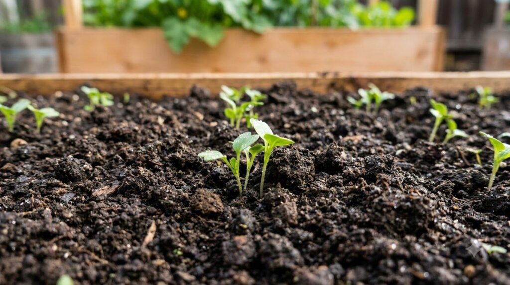 A close-up of healthy dark rich garden soil with a few green seedlings sprouting A pair of gloved hands are gently sifti