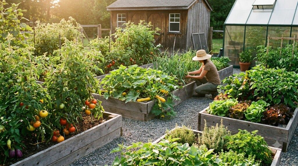 A vibrant vegetable garden with various plants thriving in well-maintained raised beds showing lush green foliage colorf