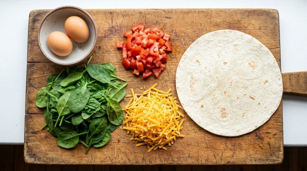 All the fresh ingredients laid out on a wooden cutting board eggs spinach diced tomatoes shredded cheese and a large flo