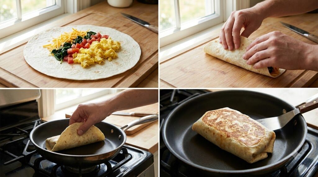 A step-by-step image showing a breakfast tortilla wrap being assembled with eggs spinach tomatoes and cheese neatly arra