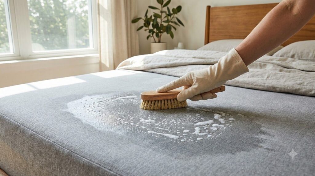 A person s hand gently scrubbing a mattress with a brush after spraying it with a cleaning solution The mattress looks s