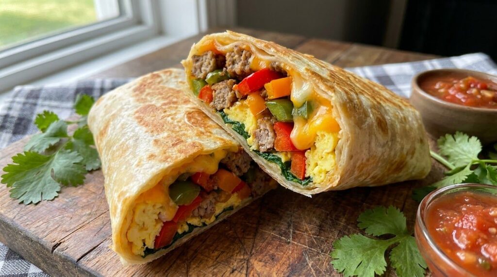 A close-up of a breakfast tortilla wrap cut in half showing various colorful fillings such as sausage bell peppers and d