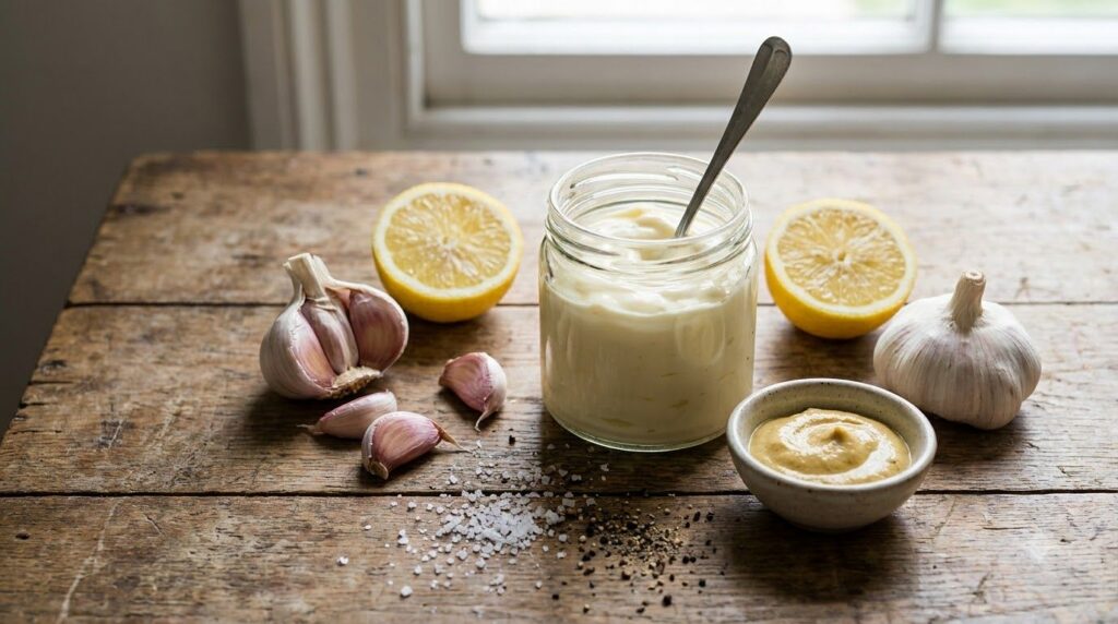 A flat lay of ingredients for garlic mayonnaise a jar of mayonnaise fresh garlic cloves a lemon cut in half a small bowl