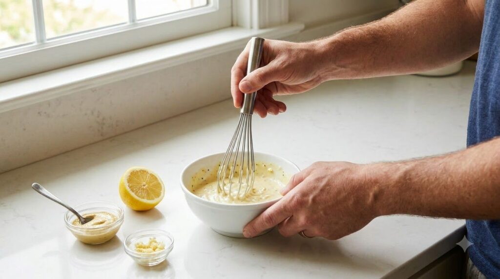 A person whisking together mayonnaise minced garlic lemon juice and Dijon mustard in a small white bowl