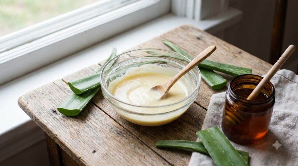 A small glass bowl containing a freshly mixed smooth light-yellow paste of aloe vera gel and honey A small spoon rests i