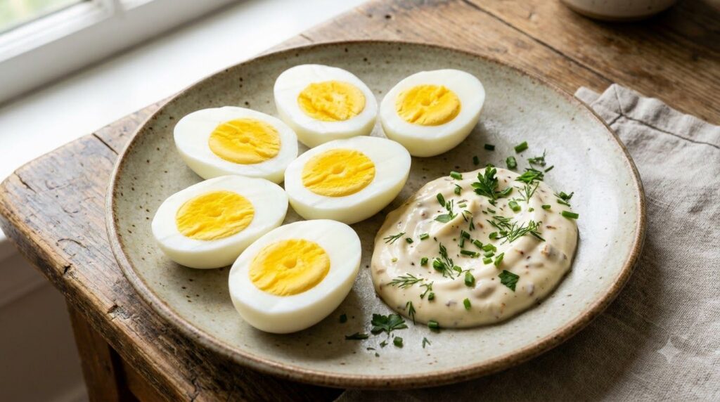 A plate of perfectly hard-boiled eggs sliced in half with a dollop of creamy garlic mayonnaise on the side and a sprinkl