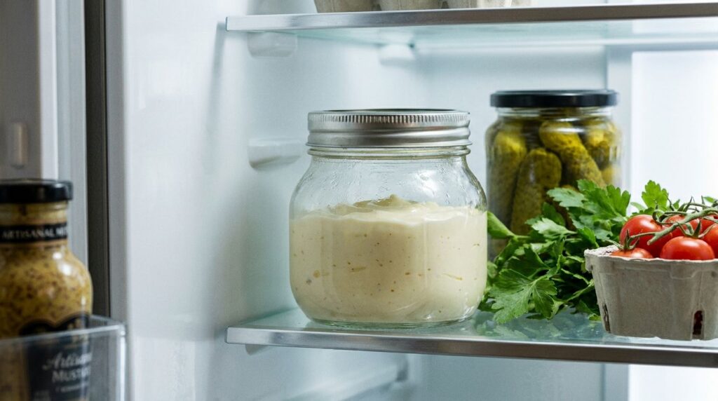 A clear glass jar filled with creamy garlic mayonnaise sealed with a lid and sitting in a refrigerator next to other con