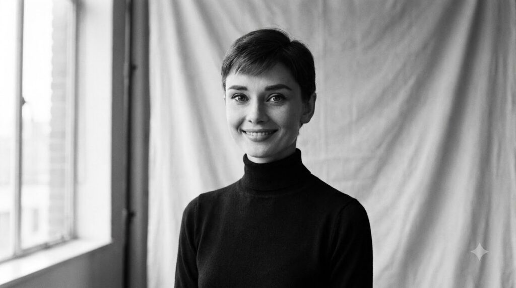 A black and white portrait of Audrey Hepburn smiling elegantly characteristic of her classic Hollywood era