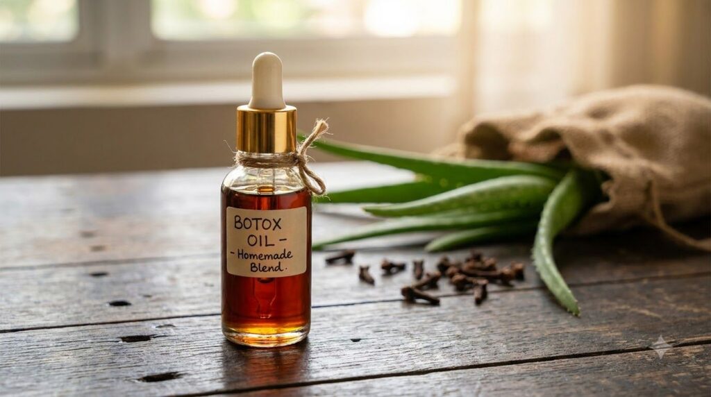A small glass dropper bottle filled with the amber-colored DIY Botox Oil on a wooden surface with blurred fresh aloe ver