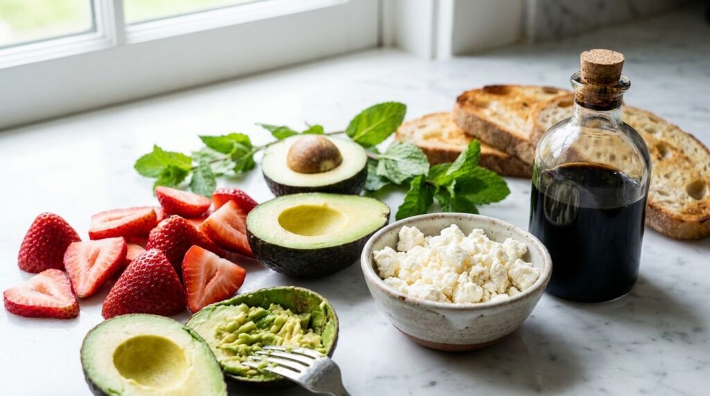 A close-up shot of the fresh ingredients for strawberry avocado toast including sliced strawberries a ripe avocado a sma