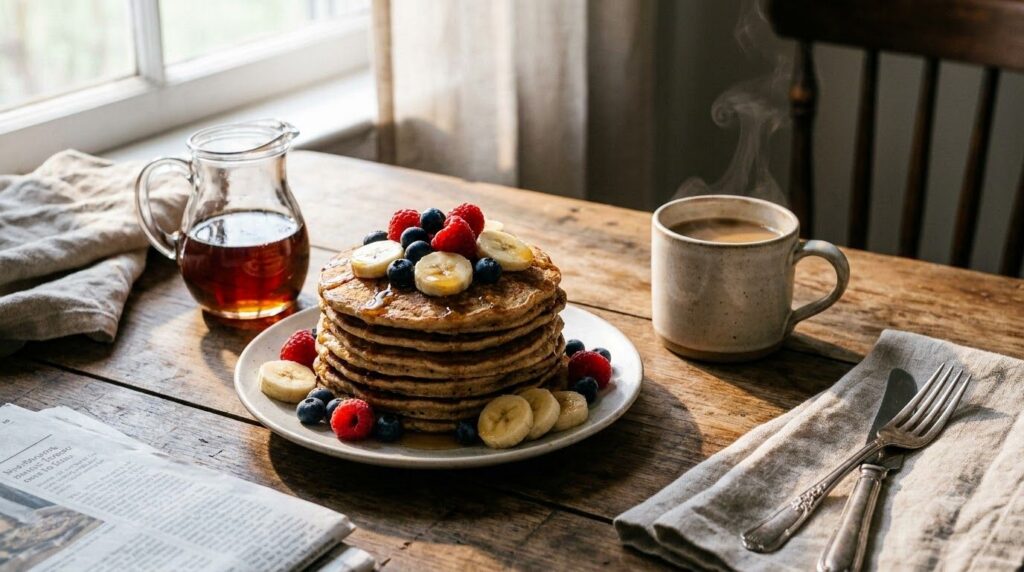 A delightful breakfast spread featuring a stack of banana oat pancakes fresh berries maple syrup and a cup of coffee