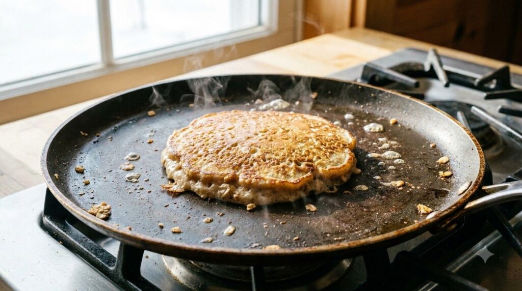 A banana oat pancake cooking on a hot non-stick griddle with small bubbles forming on the surface
