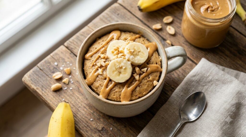 A beautiful overhead shot of a peanut butter banana mug cake with a drizzle of peanut butter and a few banana slices on 