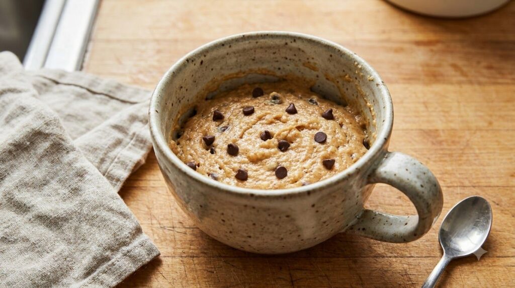 A close-up of the mug cake batter in a ceramic mug before being microwaved showing the mixture of banana peanut butter a