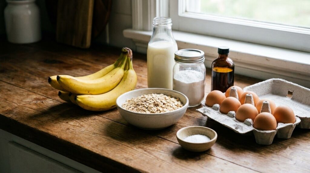 All the ingredients for banana oat pancakes laid out on a kitchen counter oats ripe bananas eggs milk baking powder vani