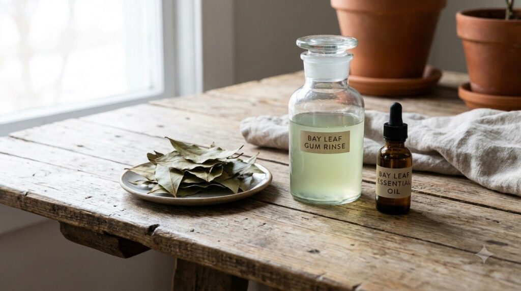 A collection of dried bay leaves and a small bottle of bay leaf essential oil alongside a homemade jar of bay leaf rinse