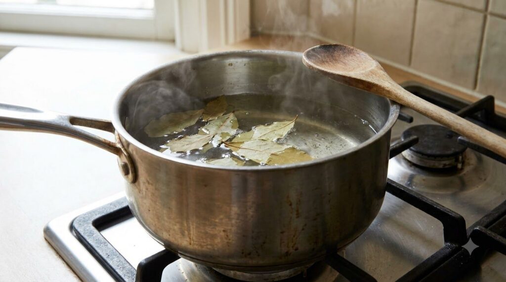 A small saucepan on a stove gently simmering bay leaves in water with steam rising
