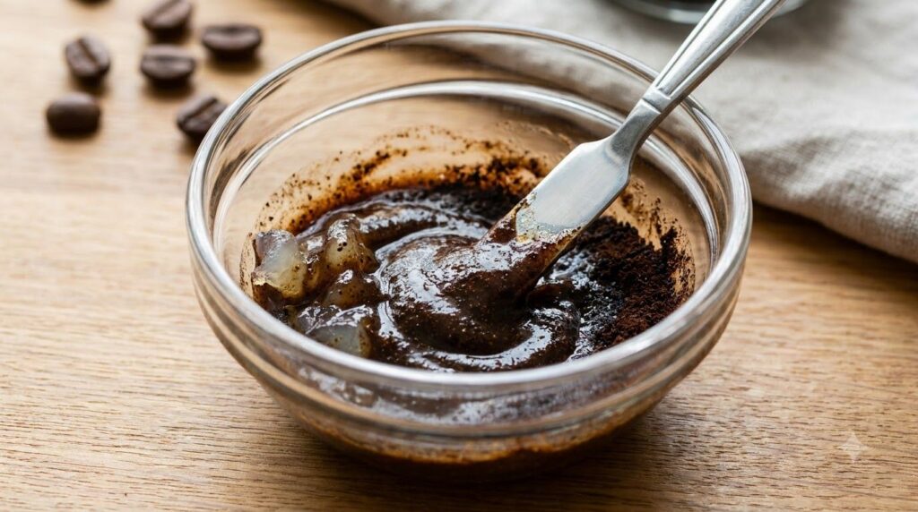 A small glass bowl containing a mixture of Vaseline and coffee powder being stirred with a mini spatula or spoon on a si