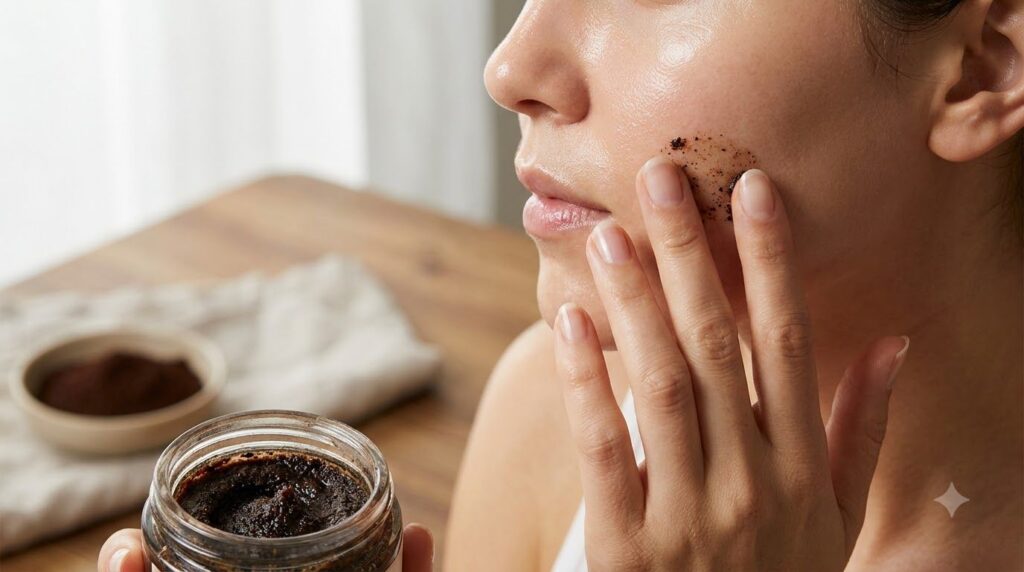 A hand gently applying a thin layer of the Vaseline and coffee mixture to a person s cheek The skin looks clean and well