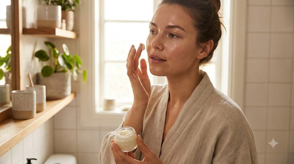 A woman gently applying a small amount of a homemade balm to her cheek illustrating a skincare routine