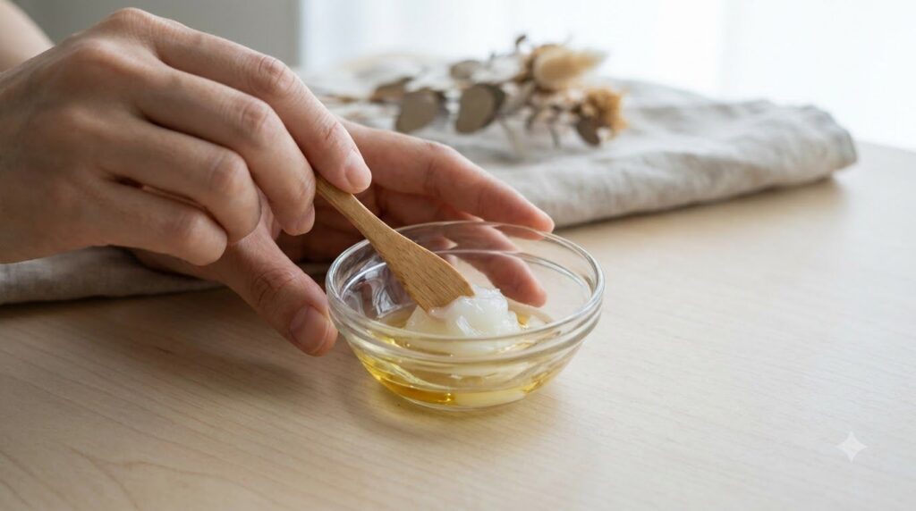 A hand mixing Vaseline with a few drops of vitamin E oil in a small glass bowl with a tiny spatula
