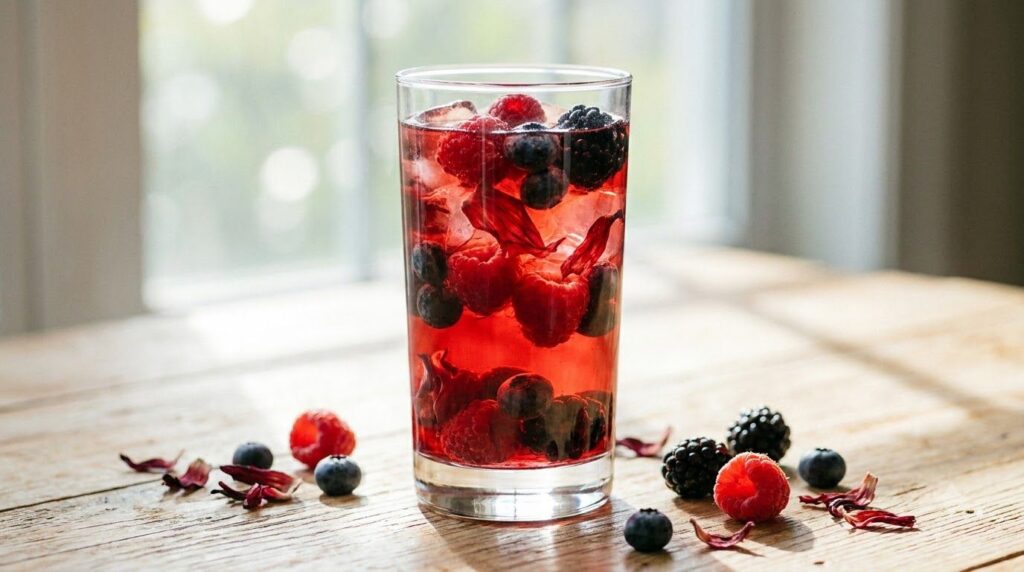 A vibrant red hibiscus and berry infused drink in a clear glass garnished with fresh berries and hibiscus petals ready t