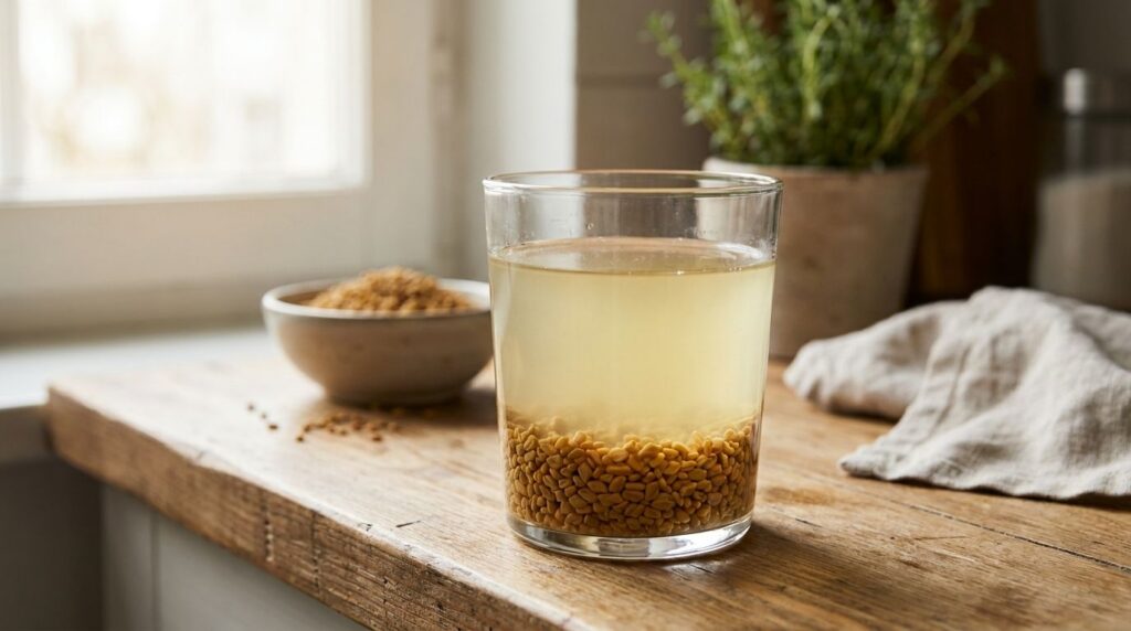 A glass of light yellow fenugreek seed water with soaked seeds at the bottom prepared for drinking