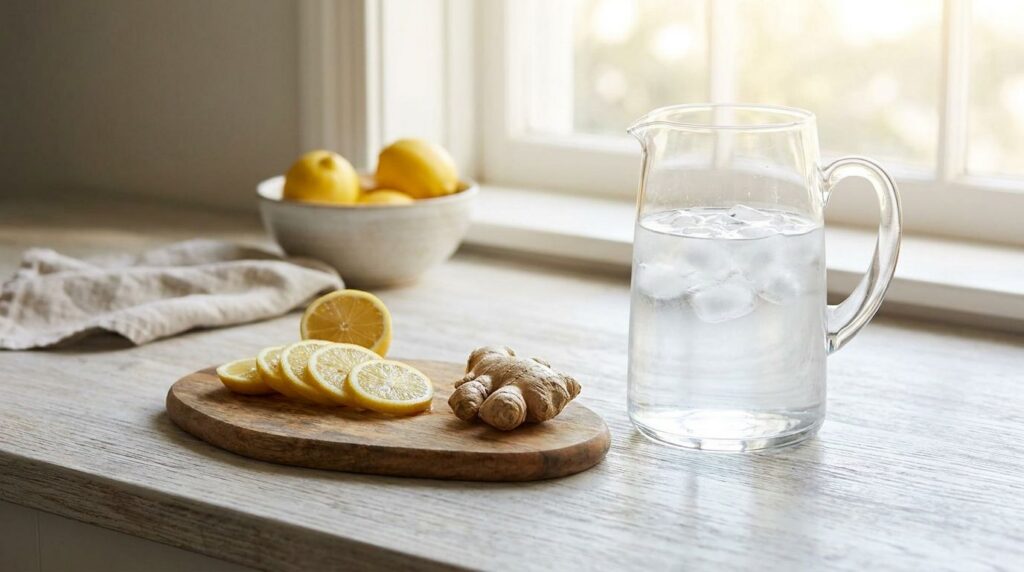 Ingredients for lemon ginger water lemon slices ginger root and a glass pitcher of water