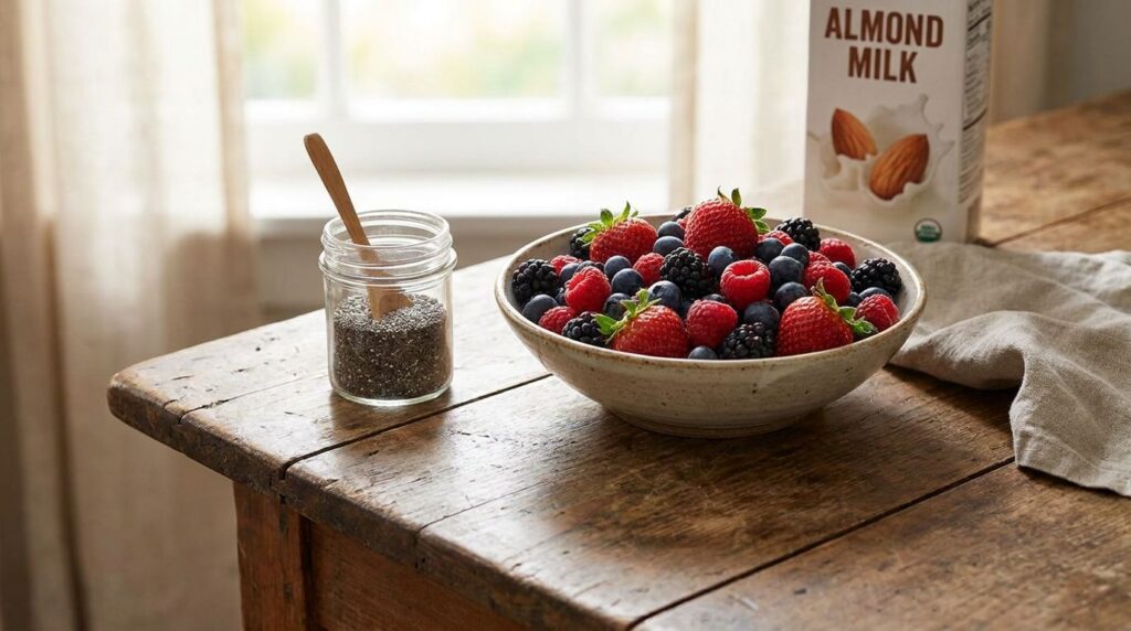 Ingredients for berry chia seed smoothie mixed berries chia seeds and almond milk