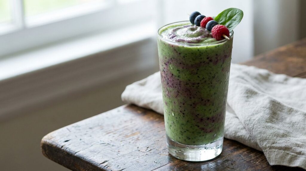 A close-up of a glass of vibrant green-purple berry spinach smoothie garnished with fresh berries and a small spinach le