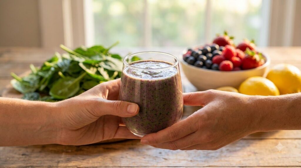 A person s hands holding a glass of the berry spinach smoothie with a background blur of fresh ingredients like spinach