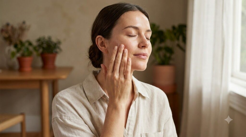 A woman gently massaging a small amount of the infused baby oil onto her face focusing on her cheek and forehead