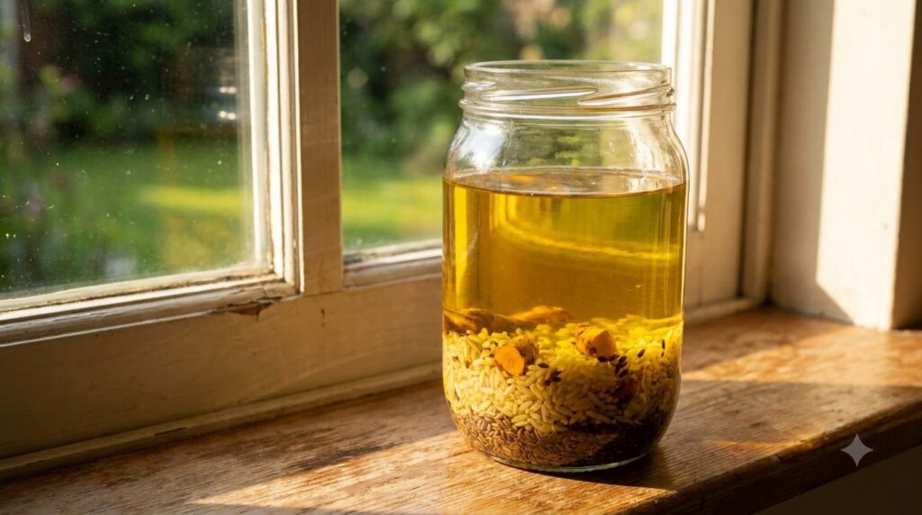 A glass jar with Johnson s baby oil infusing with rice turmeric and flaxseeds sitting in a sunny window
