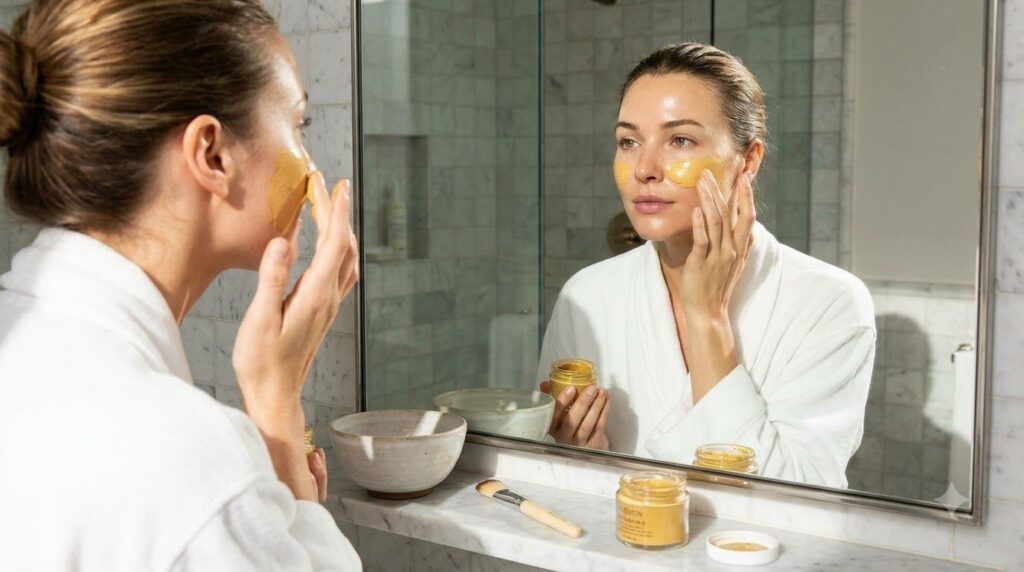 A woman gently applying a thin layer of the turmeric and petroleum jelly face mask to her clean face demonstrating the a