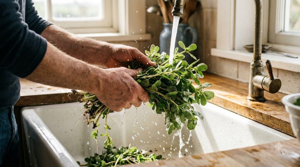 A person s hands carefully washing freshly picked purslane under running water in a kitchen sink emphasizing cleanliness