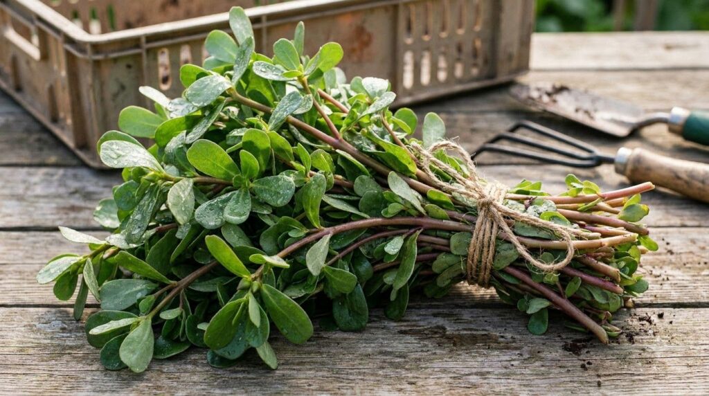 A bunch of freshly harvested purslane tied together ready for sale at a farmer s market or for preparation showing its v